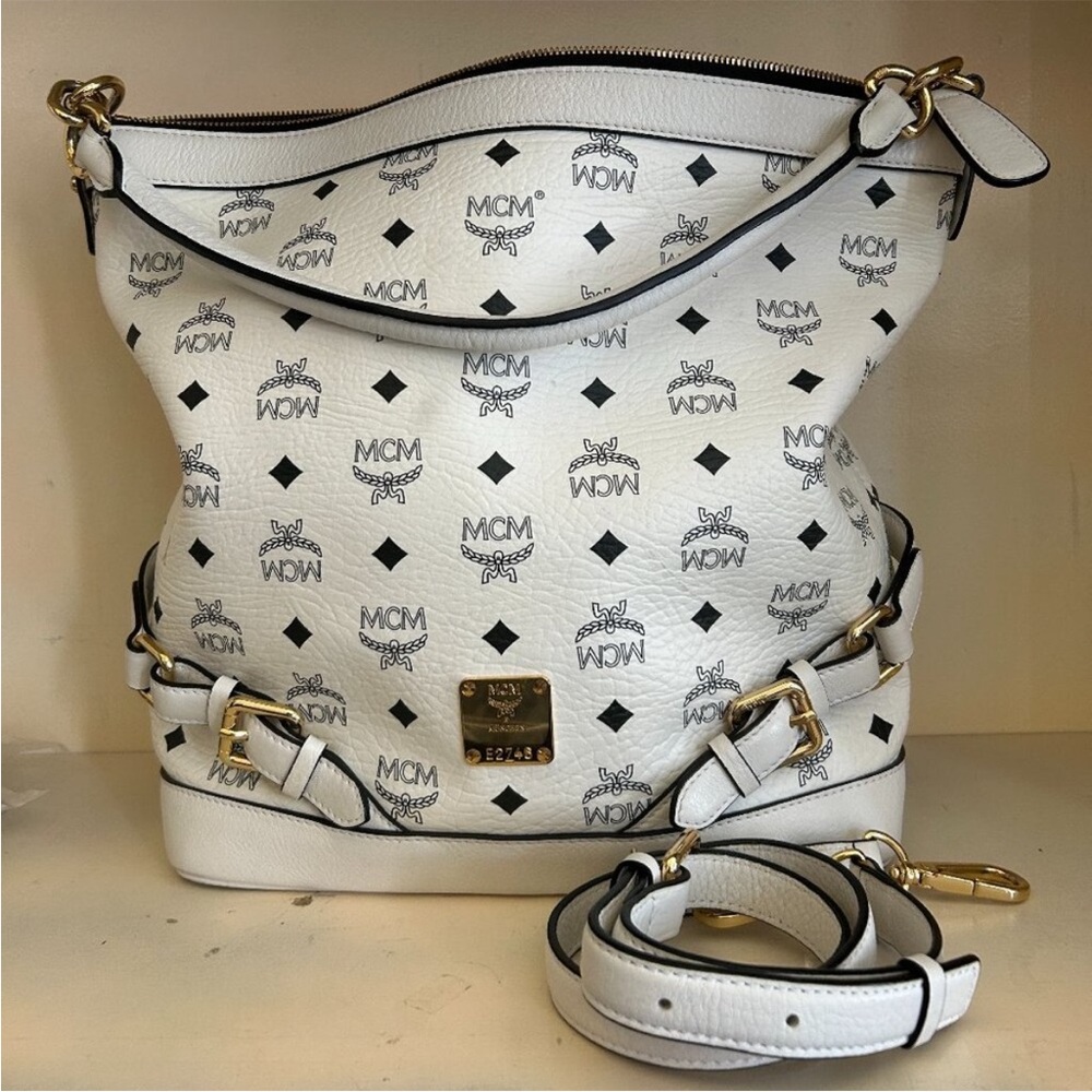 MCM White Leather Hobo Shoulder Bag